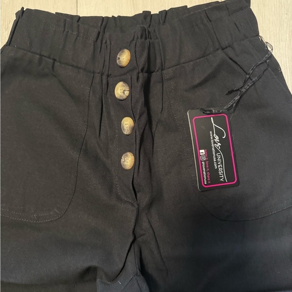 Love University Pants - Women’s Black Pants with elastic bottom cuffs. Rayon and Linen. Elastic waist